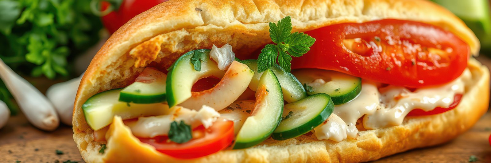 Delicious sandwich filled with fresh vegetables served on a wooden table at a sunny cafe